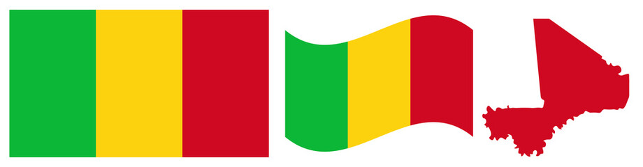 Naklejka premium Mali National Flag and Map. Official Republic of Mali Emblem Featuring Three Vertical Stripes of Green, Yellow, and Red with Geographical Country Map Silhouette Graphic.