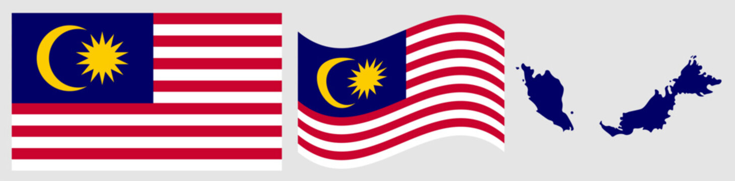 Malaysia National Flag and Map. Official State Emblem Known as Jalur Gemilang Featuring Fourteen Alternating Red and White Stripes with a Blue Canton Containing a Gold Crescent and a Fourteen-pointed 