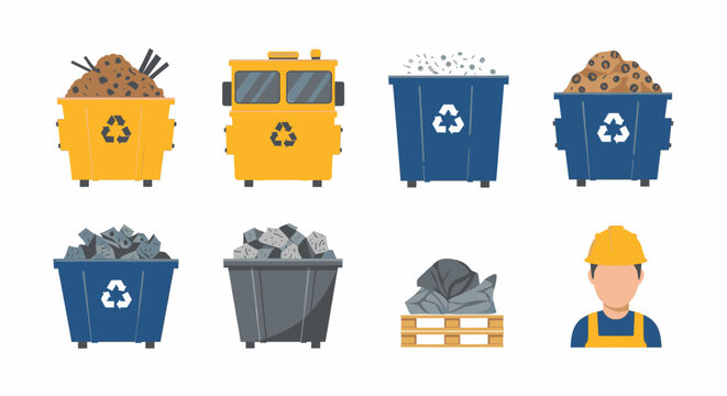 Construction Waste Bins and Worker Illustration