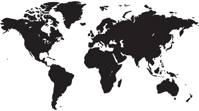 Monochromatic world map vector illustration showing continents and landmasses in solid black, isolated on a transparent background for global themes and geographical concepts.