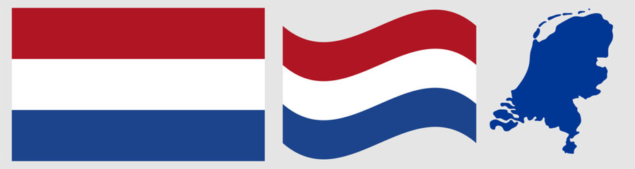 Fototapeta premium Netherlands National Flag and Map. Official Kingdom of the Netherlands Emblem Featuring Three Horizontal Stripes of Red, White, and Blue with Geographical Country Map Silhouette Graphic.