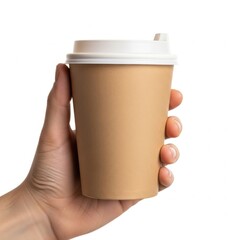 A hand holding a plain brown paper coffee cup with a white plastic lid and sleeve