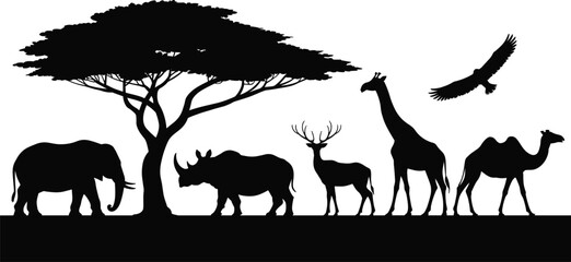 African Safari Wildlife Silhouette Scene with Elephant Rhino Deer Giraffe Camel Eagle and Acacia Tree Vector Illustration © Heyyy