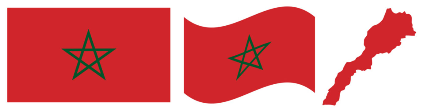 Morocco National Flag and Map. Official Kingdom of Morocco Emblem Featuring a Red Field with a Green Pentagram Five pointed Star and Geographical Country Map Silhouette