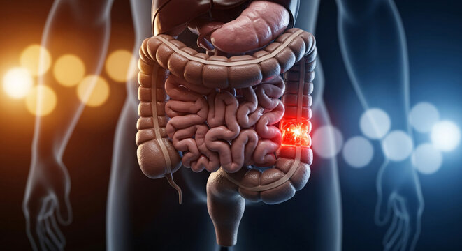 Detailed anatomical rendering of human digestive system with a red highlighted colon area indicating internal inflammation