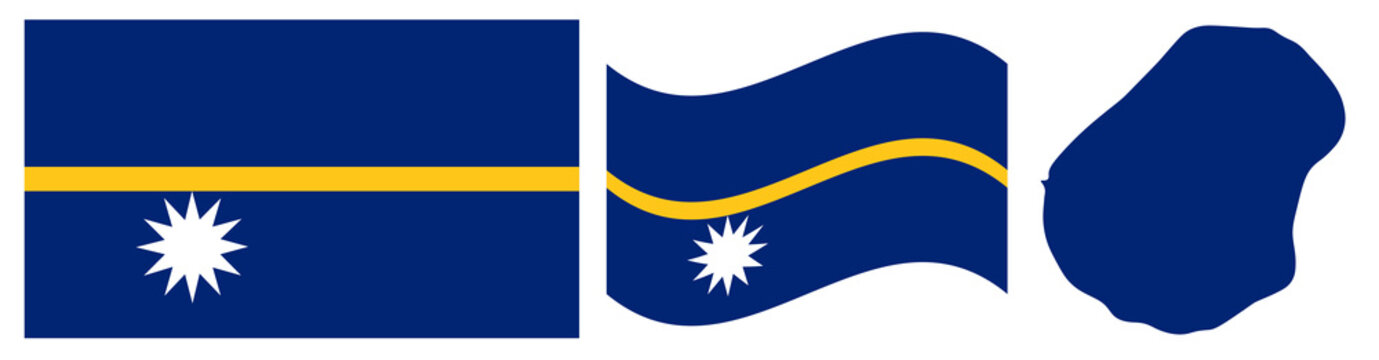 Nauru National Flag and Map: Official Republic of Nauru Emblem Featuring a Blue Field Bisected by a Gold Horizontal Stripe with a White Twelve-pointed Star and Geographical Island Map Silhouette.