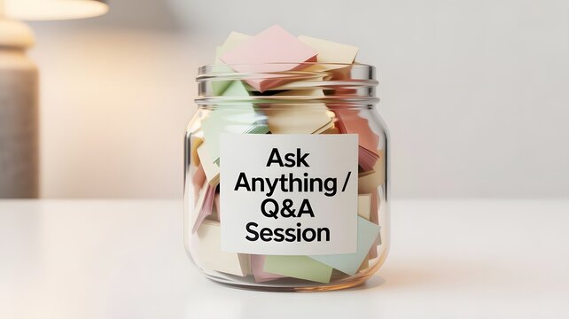 Glass jar filled with colorful sticky notes for Q&A session