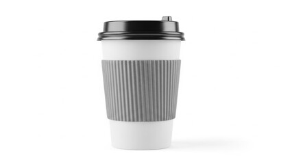 Minimalist white coffee cup with black lid and textured sleeve for cozy beverage holding