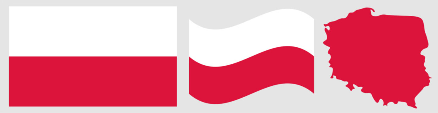 Poland National Flag and Map. Official Republic of Poland Emblem Featuring Two Horizontal Stripes of White and Red with Geographical Country Map Silhouette Graphic.