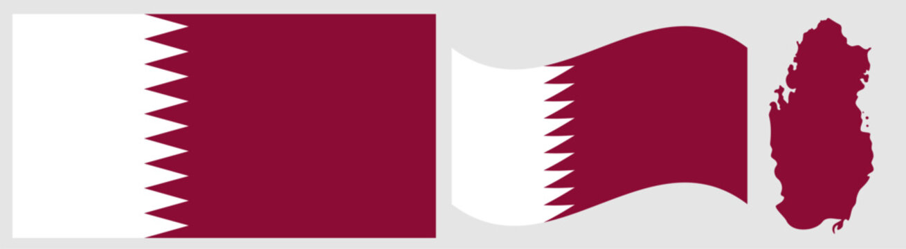 Qatar National Flag and Map. Official State Emblem Featuring a White Band on the Hoist Side Separated from a Maroon Field by a Nine-Pointed Serrated Edge with Geographical Country Map Silhouette.