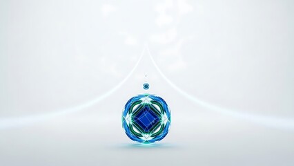 Abstract digital rendering of a glowing crystalline blue and green geometric sphere levitating slightly above a bright white minimalist surface in a science fiction concept environment