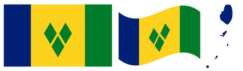Fototapeta premium Saint Vincent and the Grenadines National Flag and Map. Official State Emblem Featuring Three Vertical Stripes of Blue, Gold, and Green with Three Green Diamonds and Geographical Island Map Silhouette