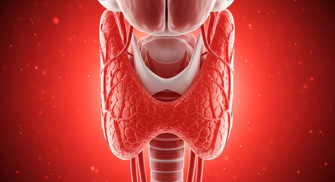 Detailed anatomical representation of the human thyroid gland and trachea with parathyroid glands shown