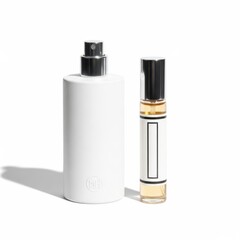 Elegant minimalist perfume bottle set featuring classic spray and travel-sized atomizer designs