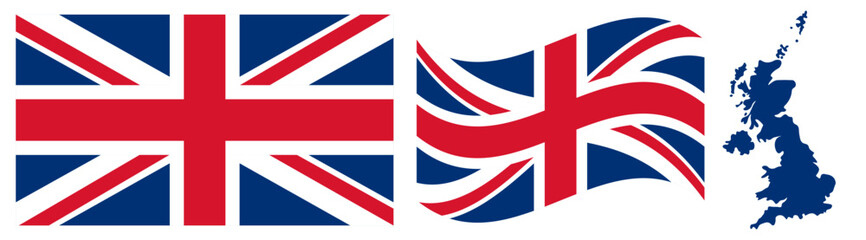 Obraz premium United Kingdom National Flag and Map. Official Union Jack Emblem Featuring the Crosses of Saint George, Saint Andrew, and Saint Patrick with the Geographical UK Country Shape Silhouette Graphic.