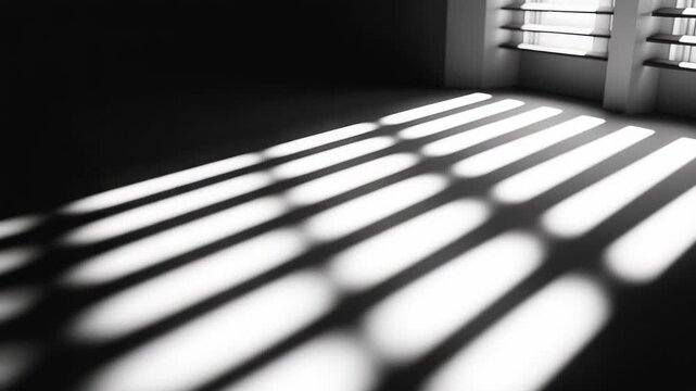 Interior space creating a high contrast pattern of light and shadow on the floor from window blinds, emphasizing geometric shapes and a minimalist aesthetic