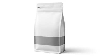 A sleek white resealable pouch with grey stripe accents standing upright against clean background