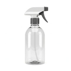 A clear plastic spray bottle with a white pump dispenser for cleaning or sanitizing solutions