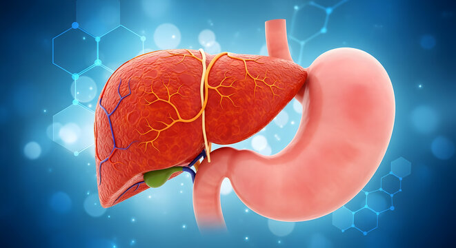 Detailed anatomical view of the human liver, gallbladder, and stomach on a medical background