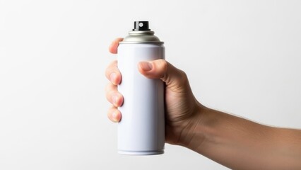 A close-up depiction of a hand holding an empty white spray paint can against a plain background