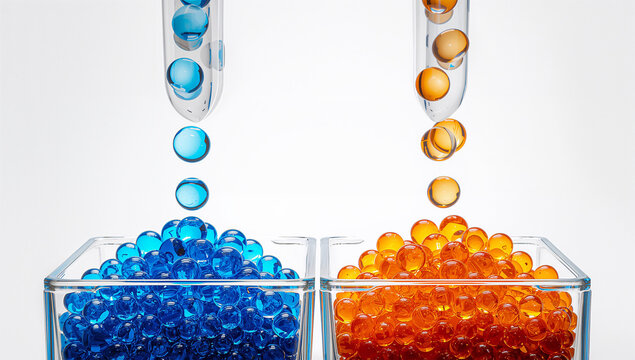 青とオレンジの二色球で二項混合分布を可視化したガルトンボードの比較構成