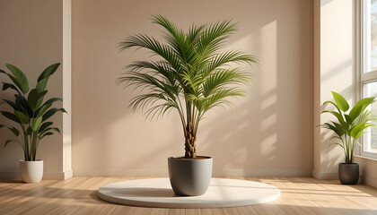 Fototapeta premium Indoor palm plant on a white circular platform stock potted
