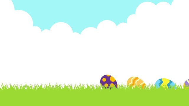 Colorful Easter eggs roll across fresh green grass in a side view motion from left to right under a sunny blue sky. Creating a cheerful spring holiday scene and easter background.