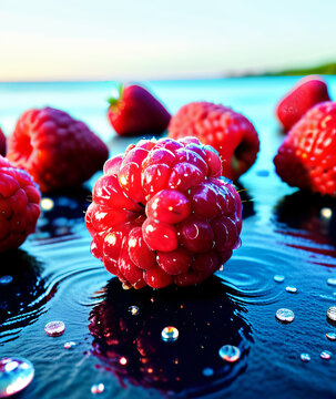 Fresh raspberries with water drops