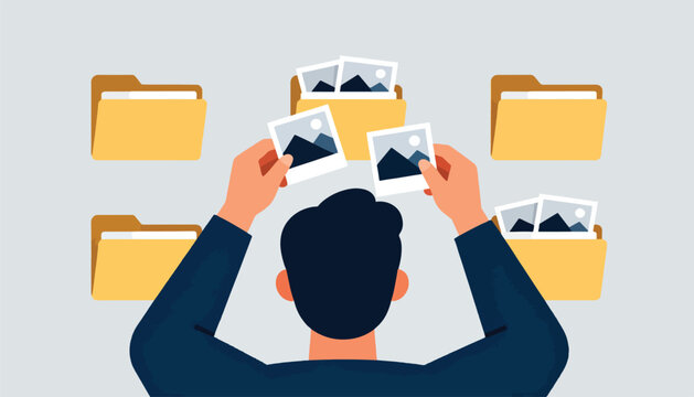 Man sorting photos into file folders