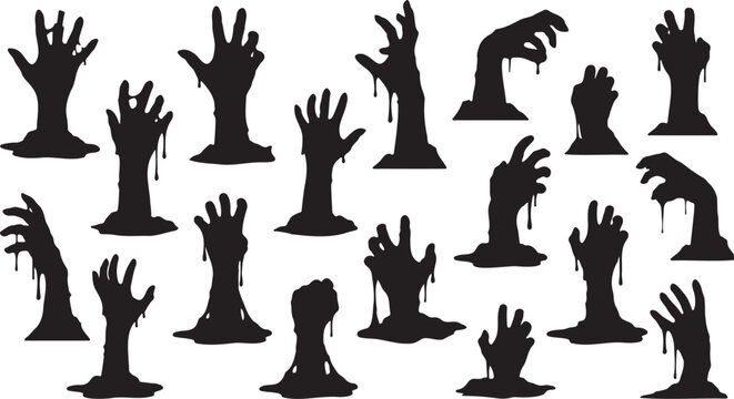 Zombie hands silhouette vector collection. Includes 18 different undead hands reaching out from the ground, dripping with goo and blood. Created in a flat black silhouette style with a white