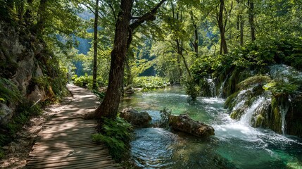 Obraz premium Wooden boardwalk trail beside turquoise lakes and cascading waterfalls, lush green forest scenery, Plitvice Lakes National Park, Croatia outdoor travel destination