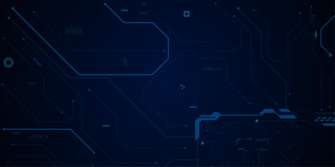 Futuristic HUD frame on circuit board background. Connected lines with electronic elements. Glowing light blue neon AI chip with thin circuit contact lines.