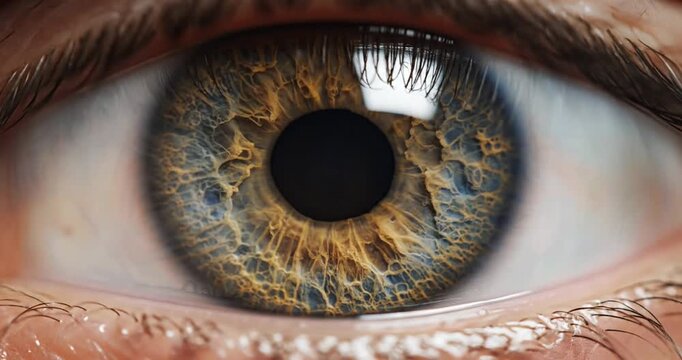 Close-up of a human eye showcasing intricate patterns and colors in the iris with reflections