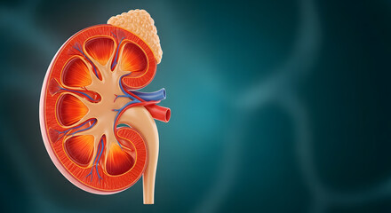 Fototapeta premium Detailed cross section of a human kidney and adrenal gland displayed on a medical background