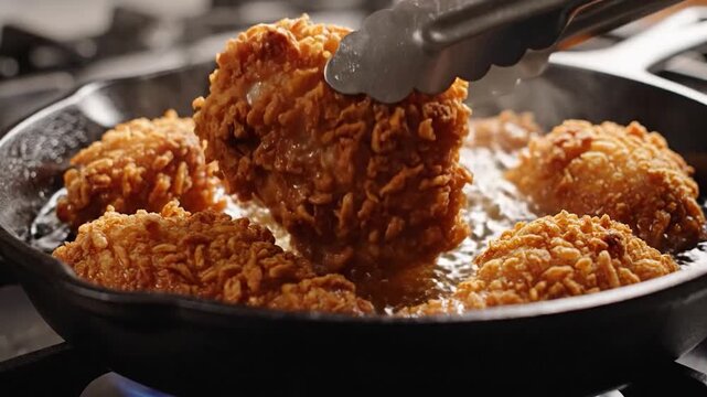 Crispy breaded chicken pieces sizzling in hot oil in a cast iron skillet