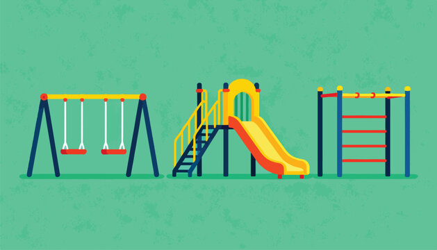 A simple playground with a swing set, slide, and climbing structure