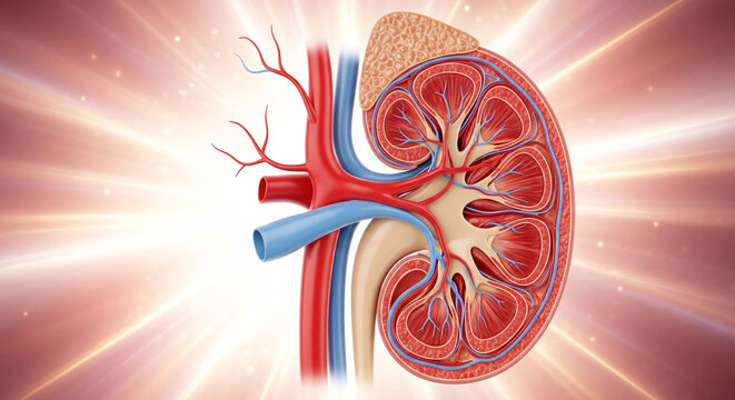 Detailed cross section of a human kidney illustrating internal structures with visible renal arteries and veins
