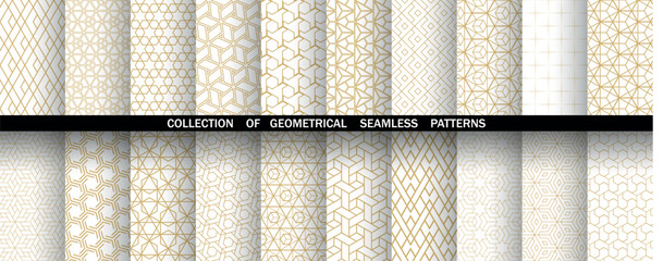 Geometric set of seamless golden and white patterns. Simple vector graphics