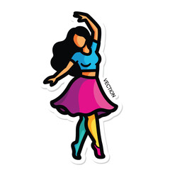 Vibrant illustration of a dancing woman with flowing hair and colorful skirt captured from a dynamic viewpoint