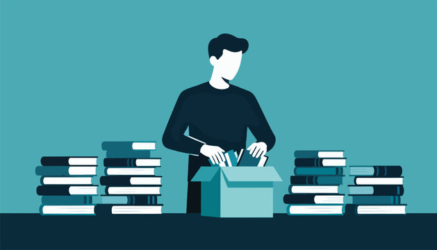 Person packing books into a box with stacks of books on a table