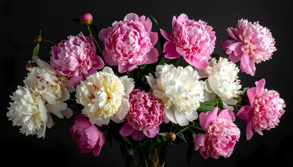 Obraz premium A vibrant bouquet of peonies in shades of pink and white, set against a dark background
