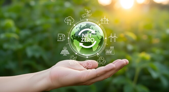 Hand holding green globe with net zero concept and sustainability icons in nature