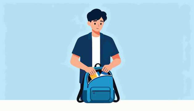 Young person packing a blue backpack with a book and wallet