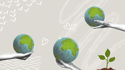 Hands holding our planet, cultivating a sustainable future. A trendy halftone collage. Concept of protecting natural resources and caring for the environment © Наталья Косаревич