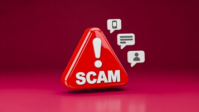 Red scam warning sign with alert icons on red background symbolizing online fraud and cyber security risk