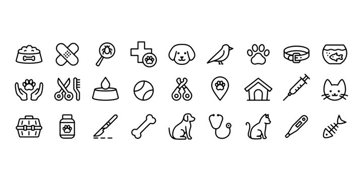 A collection of pet icons. Contains dogs, cats, puppies, and other animals, with flat vector illustrations and transparent backgrounds.