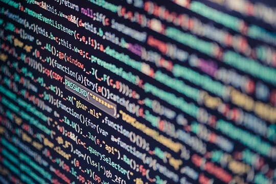 Colorful lines of source code filling a computer screen, highlighting modern web development, syntax highlighting, and complex programming logic

