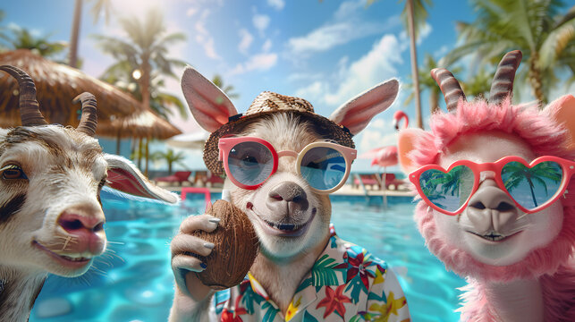 Realistic Close-up group selfie of stylish tropical animals