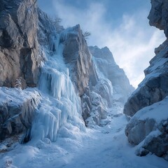 Obraz premium Frozen Waterfall in Rocky Mountain Canyon with Snow and Ice