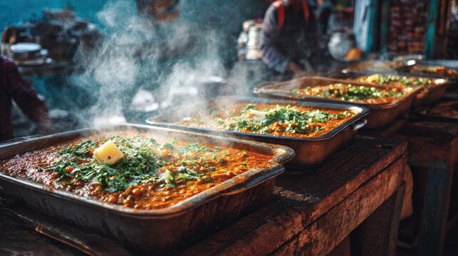 Vibrant Traditional Indian Food Pav bhaji steaming hot colorful street food stall rustic wooden table vibes garnished with butter and cilantro